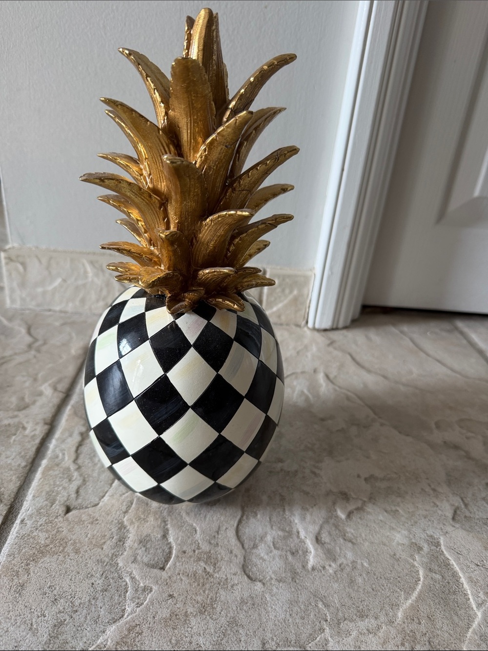 MacKenzie-Childs Gold Top Black and White Check Pineapple Accent